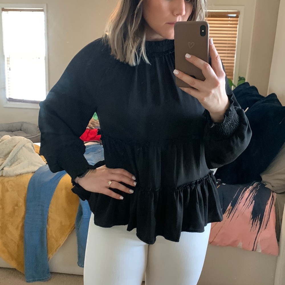 Long Sleeve Ruffle Black Blouse